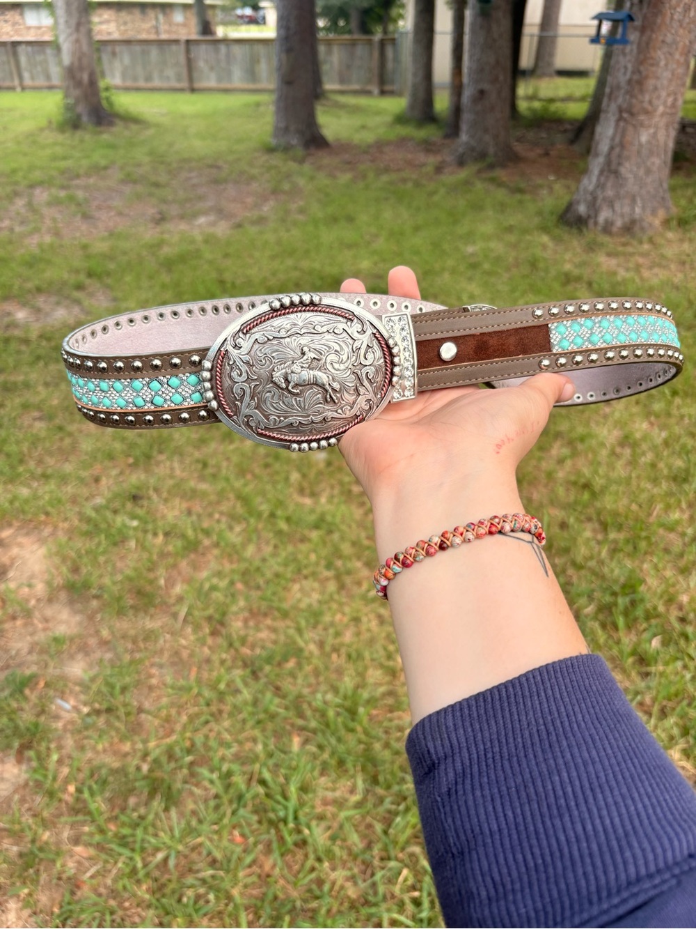 Western Turquoise Studded Brown Leather Belt with Ornate Silver Buckle